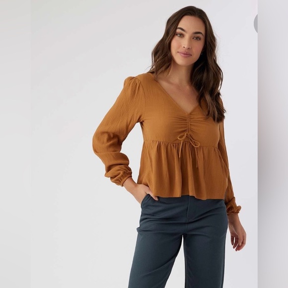 O'Neill Tops - O'Neill Brown V-Neck Ruched Blouse New